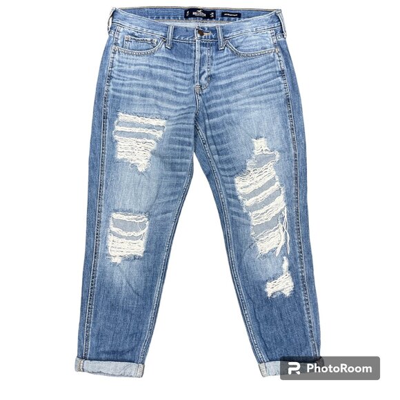 Women's HOLLISTER Distressed Low Ankle Button-fly Boyfriend Jeans-‎ Size 7/28 - Picture 1 of 10